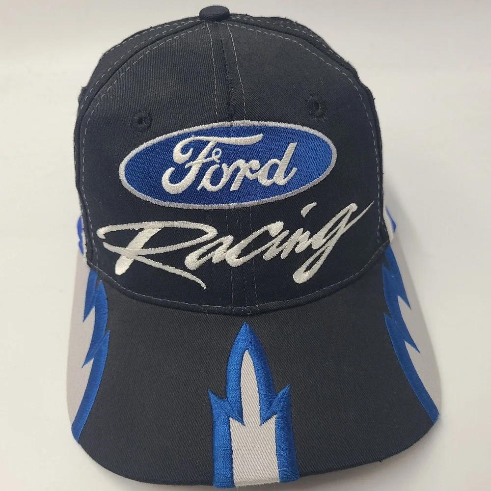 Vintage Ford Racing Hat Snapback (Fits Small) Black Blue White Flames *TEAR*‎